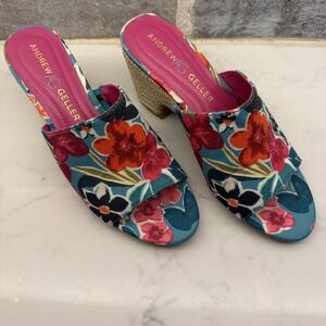 Floral Sandals Block Heel Shoes Slip On Andrew Geller Womens Burnette Size 7M